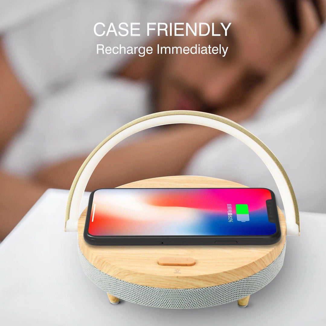 3-in-1 Wooden Wireless Charger with LED Lamp & Bluetooth Speaker