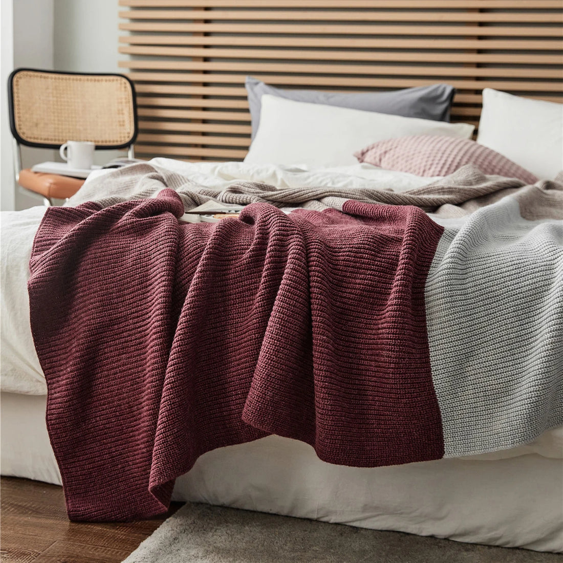 Elegant Three-Color Knitted Wool-Blend Blanket - Wearable Plaid Throw for Home and Travel