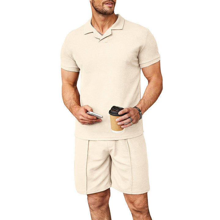 Summer New Waffle V-neck Polo Shirt Men's Suit