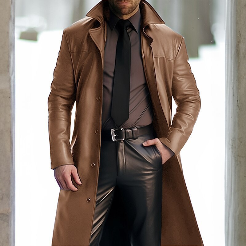 Vintage Faux Leather Men's Mid-length Coat