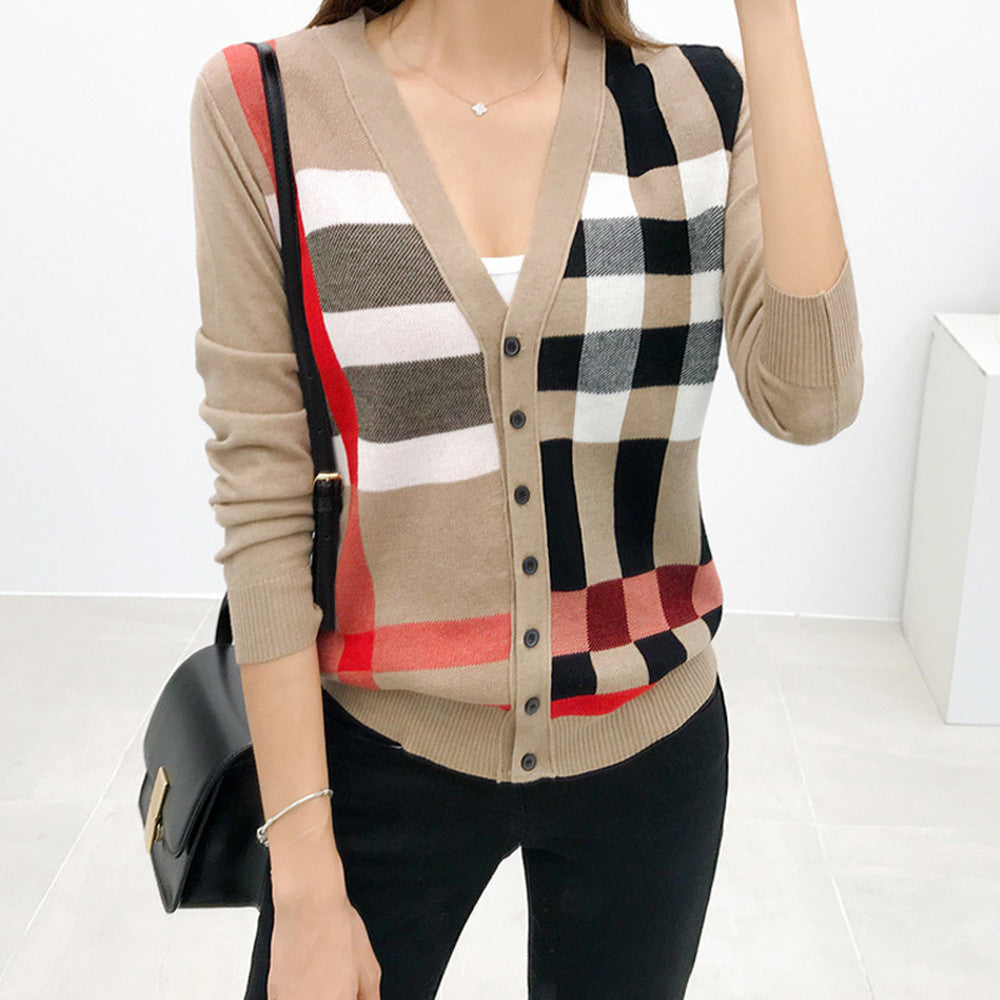 Women's V-Neck Geometric Knit Cardigan