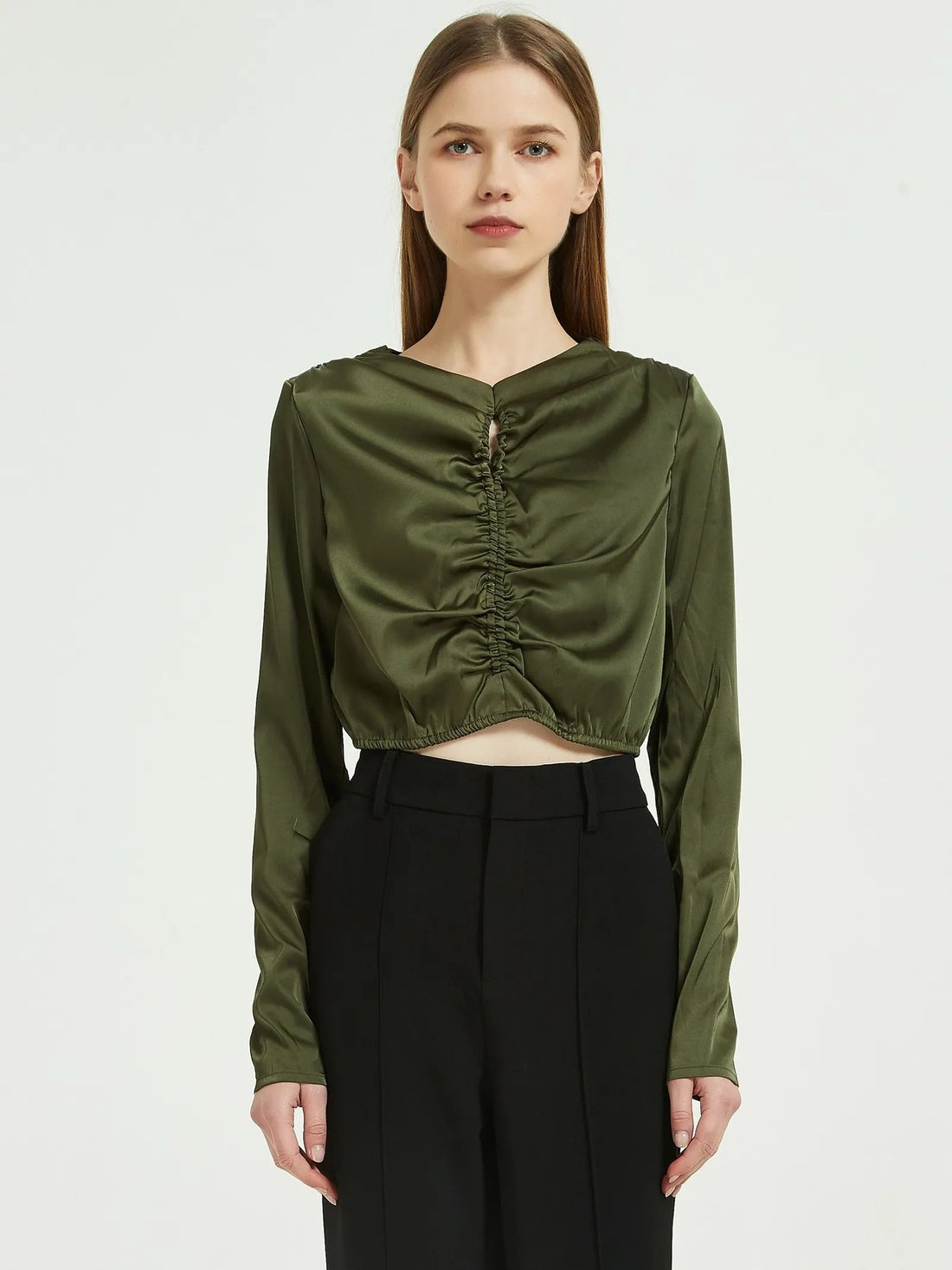 Elegant Green Chiffon Long Sleeve Blouse
