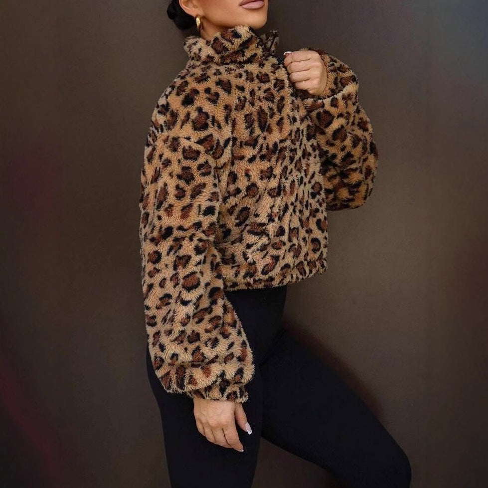 Women's Leopard Print Faux Fur Zip Jacket