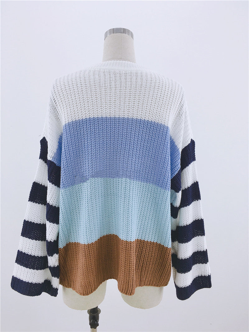 Women's Color Stitching Knit Pullover Loose Sweater