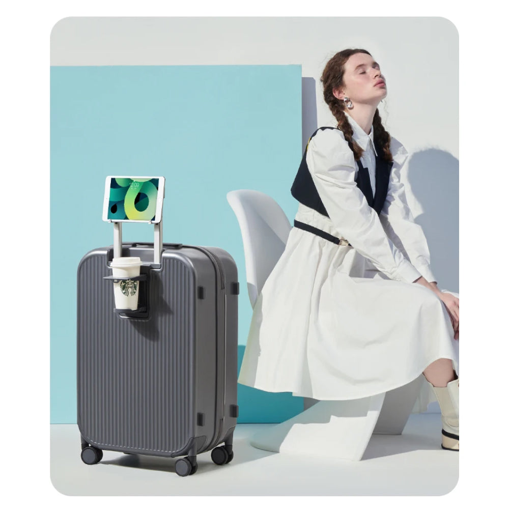 Hard Shell Spinner Suitcase with Cup & Phone Holder - Travel Light & Smart