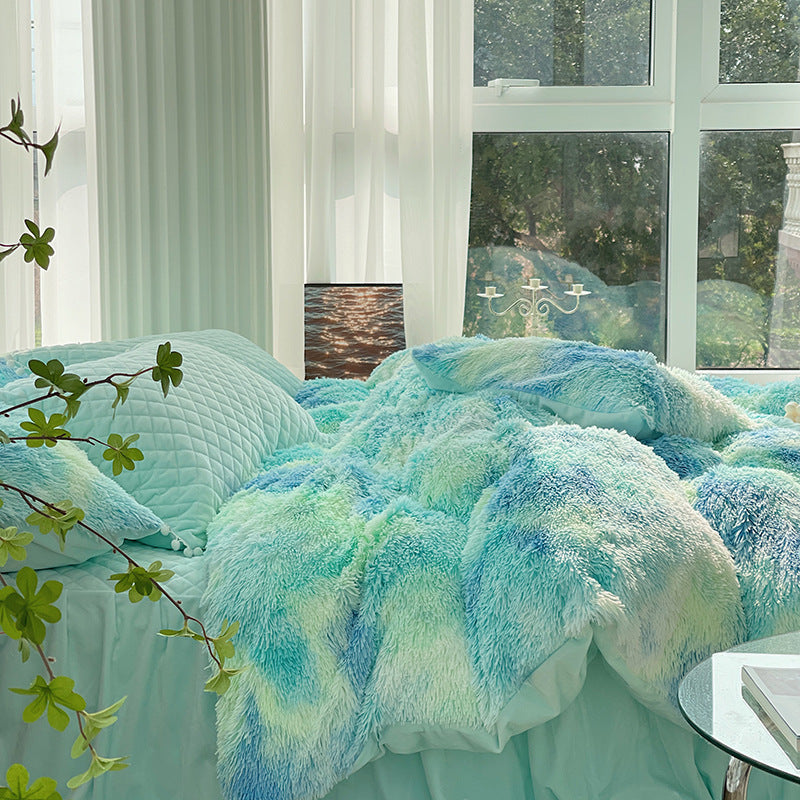 Milk Fiber Winter Faux Mink Bed Four-piece Long Plush Quilt Cover Coral Velvet Double-sided Plush Fleece-lined Quilted Bed Skirt Princess Style