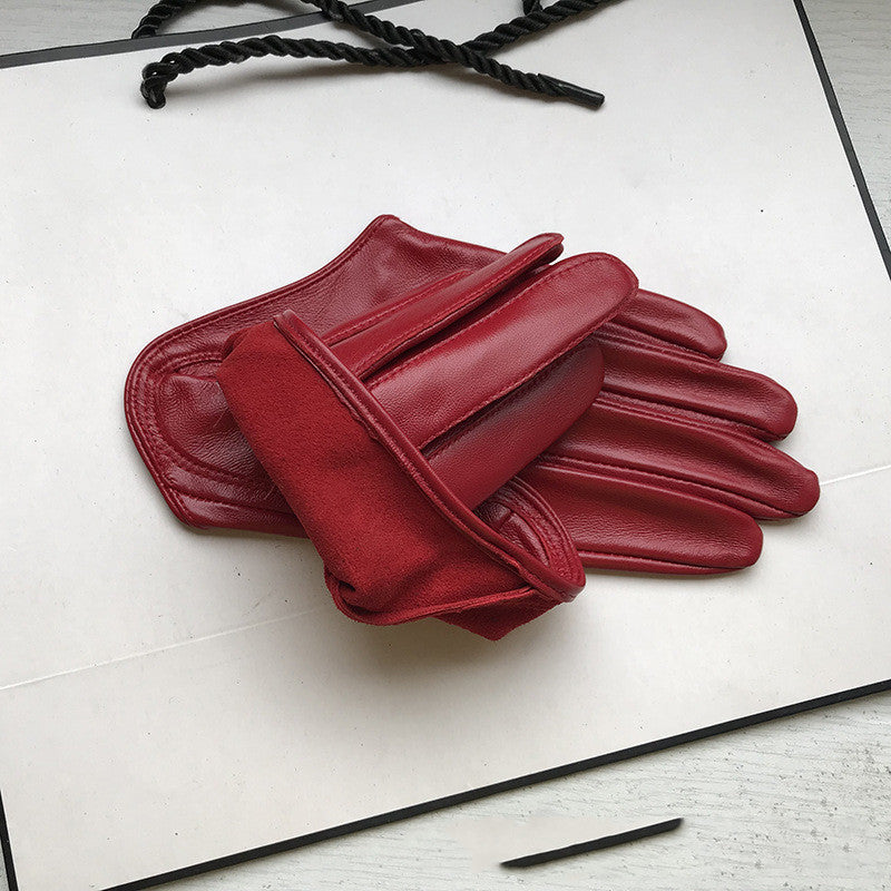 Short Half Palm Sheepskin Leather Gloves with Star Detail