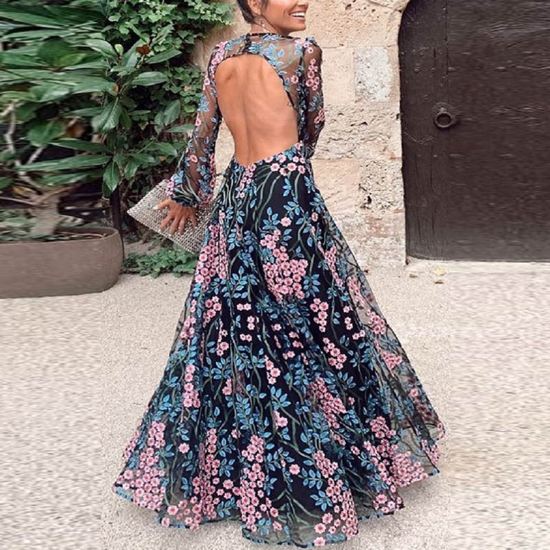Women's Sexy Backless Slim Printed Mid-Waist Dress