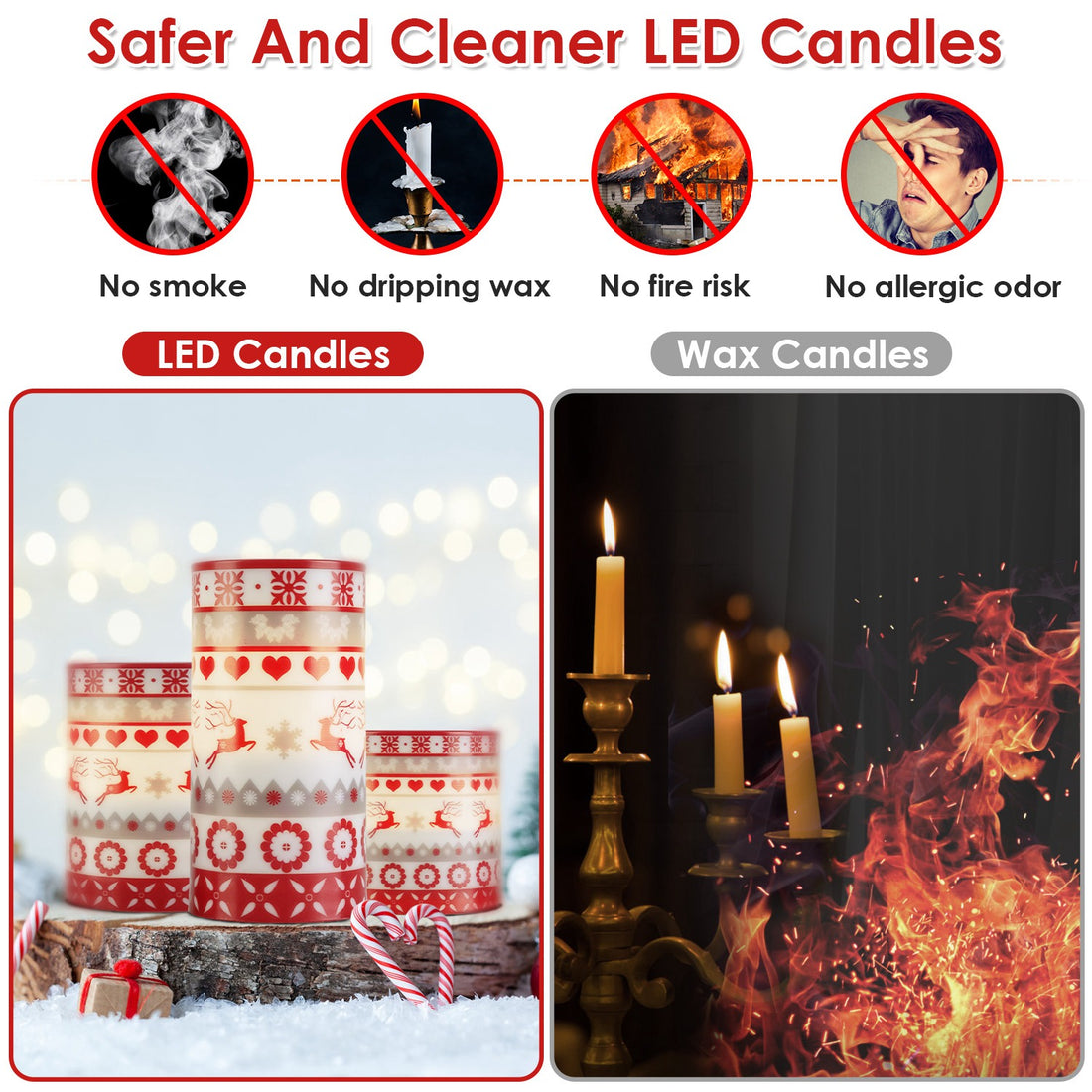 Christmas Flameless LED Pillar Candles with Remote, Set of 3