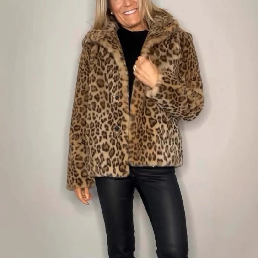Winter Women's Fashionable Leopard Print Lapel Woolen Top