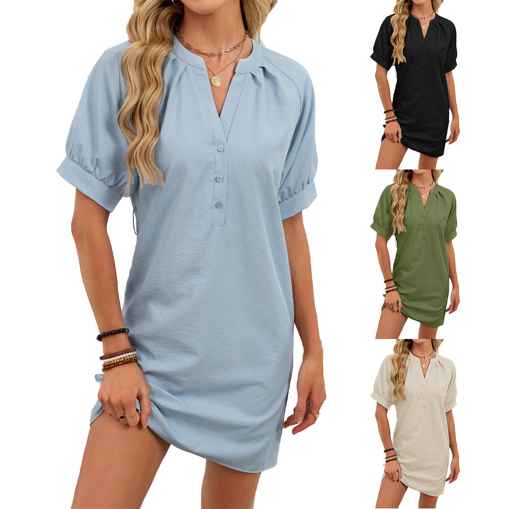 Women's Solid-Color Casual V-Neck Lace-Up Dress