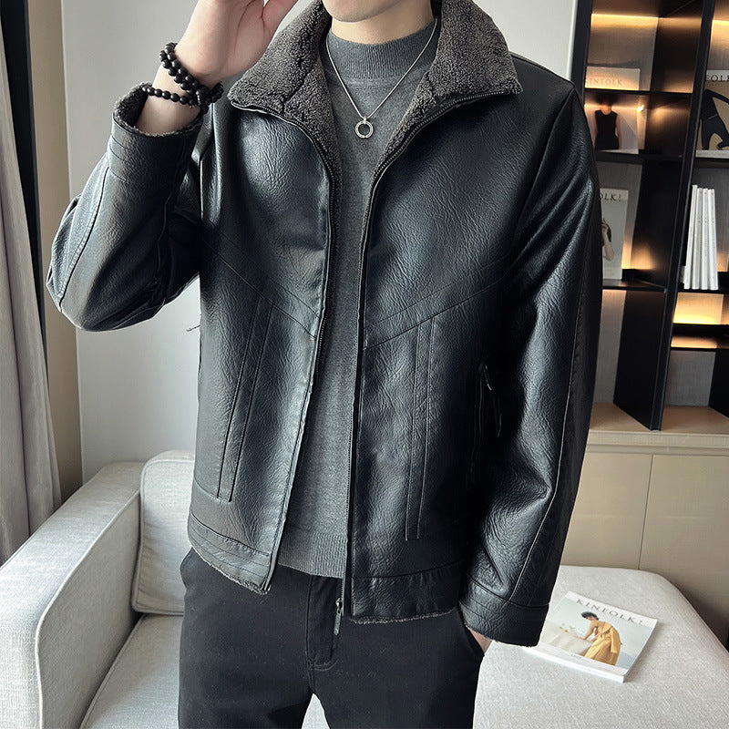 Hong Kong Style Velvet Padded Plus Size Men's PU Leather Jackets
