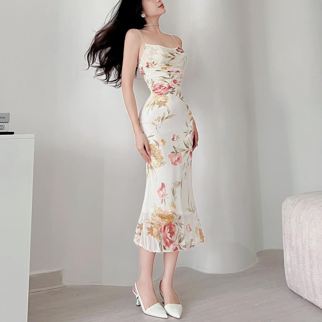 Spaghetti-strap Floral Print Mesh Fishtail Swing Dress Women