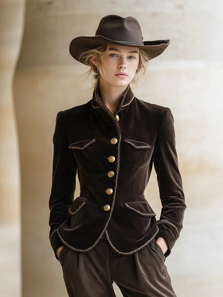 Women's Velvet Military-Style Stand-Collar Jacket