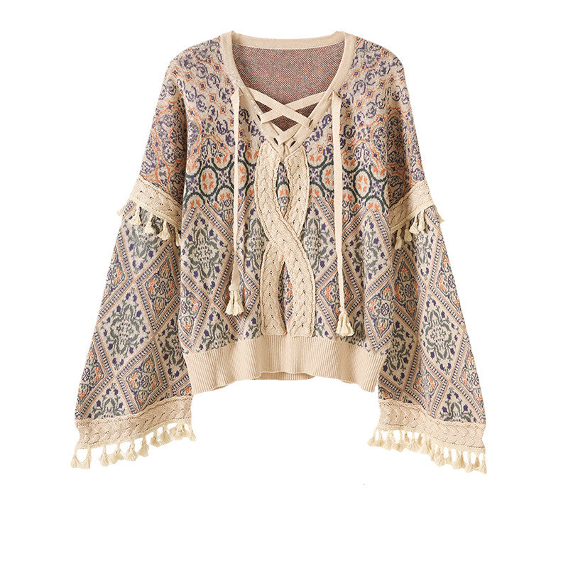 Twist Jacquard Tassel Drop Shoulder Sweater Jacket