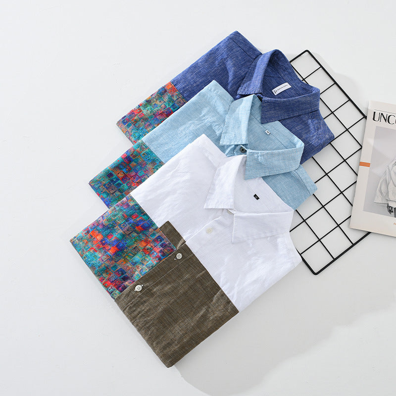 Stitching Shirt Men's Youth Design Leisure Loose Linen Tops