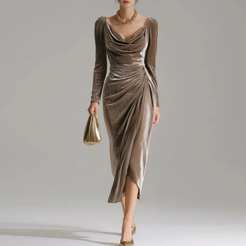 Long Sleeve Pleated Long Slit Velvet Sheath Dress