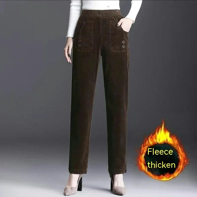 Polyester Straight-leg Pants Women's High Waist Spring And Autumn Thickening Needlecord