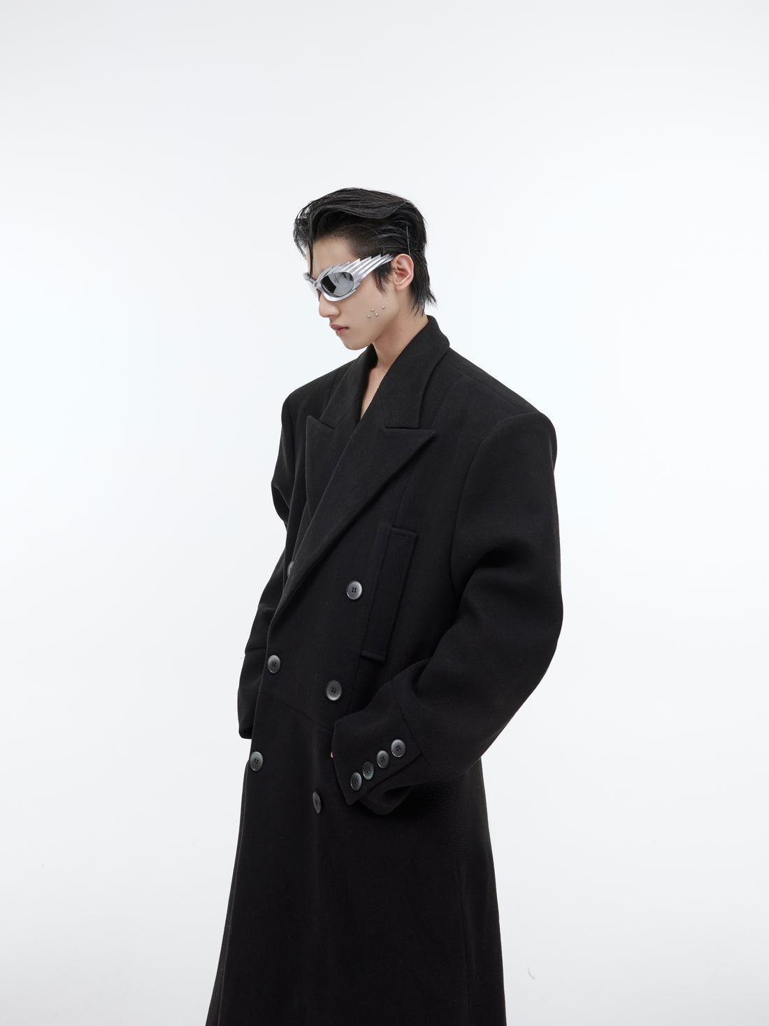 Three Dimensional Deconstruction Shoulder Pad Wool-look Long Coat