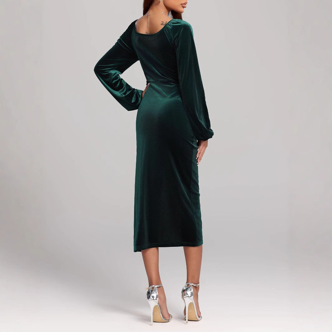 V-neck Velvet Dress Pleated Split Dress