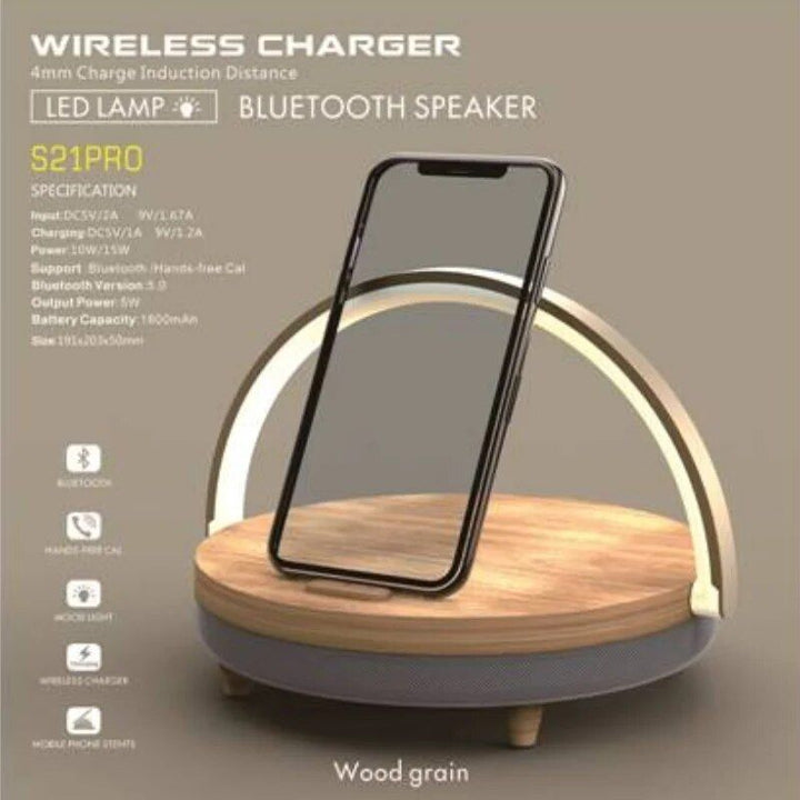 3-in-1 Wooden Wireless Charger with LED Lamp & Bluetooth Speaker