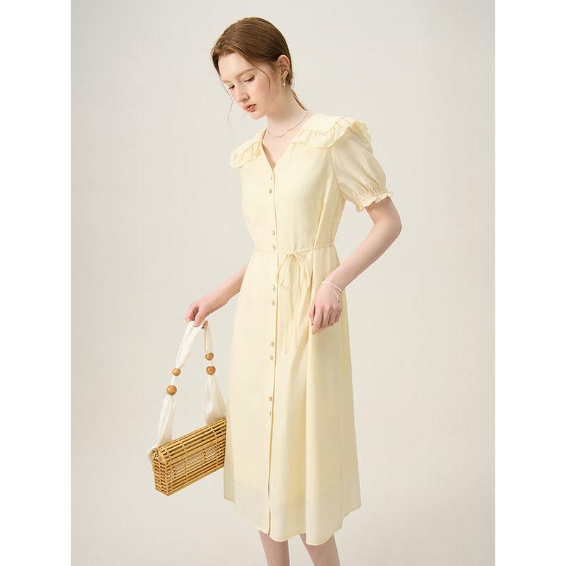 Elegant Sailor Collar Dress with Fungus-Edged Sleeves
