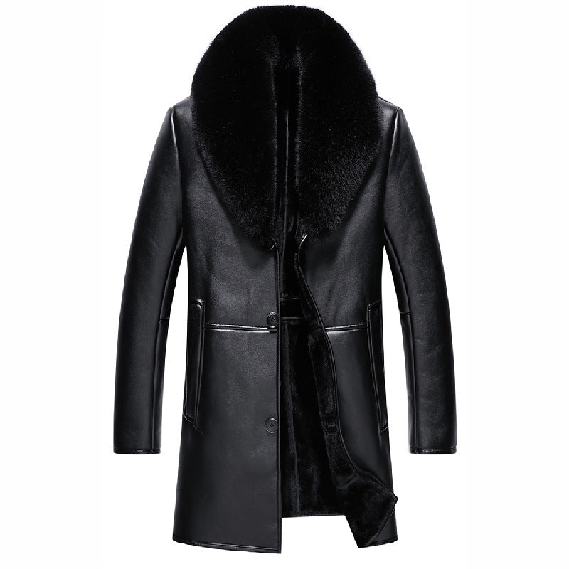Winter Big Fur Collar Men's PU Leather Coat Padded Fleece Jacket