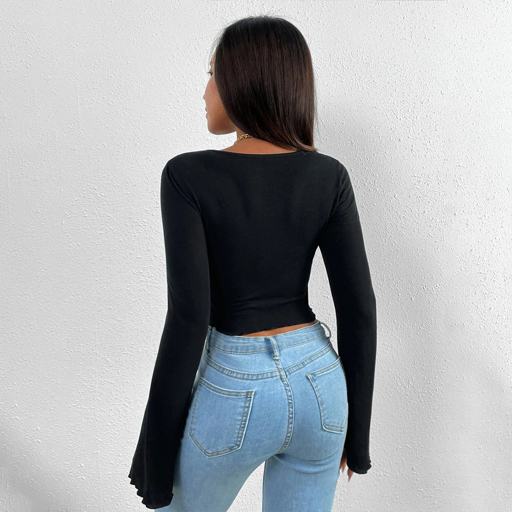 V-neck Flared Sleeves Waist Trimming Knitted Long Sleeve T-shirt