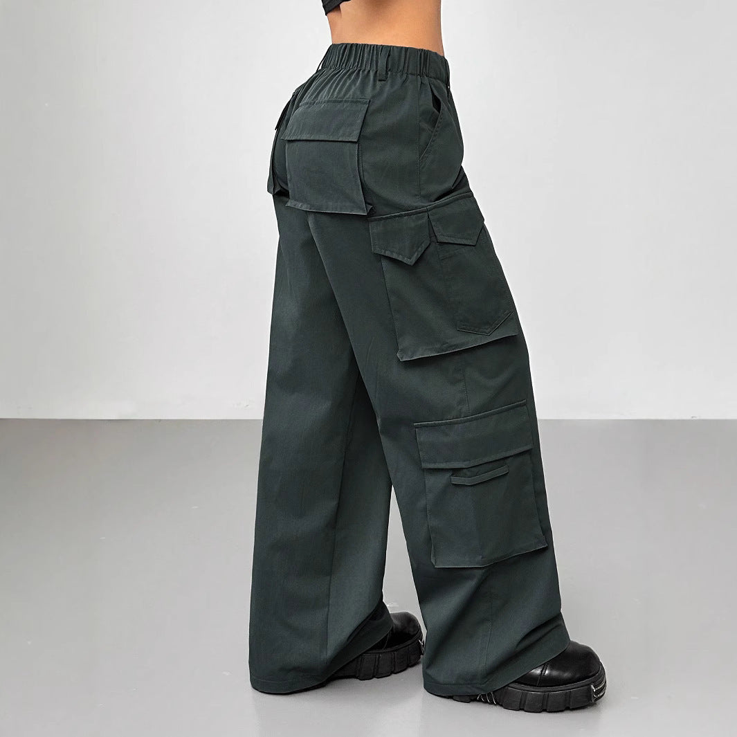 Casual Pants Elastic Waist High Waist Wide-leg Workwear Trousers