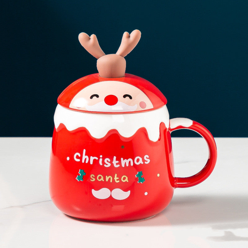 Christmas Reindeer Ceramic Mug with Lid and Spoon