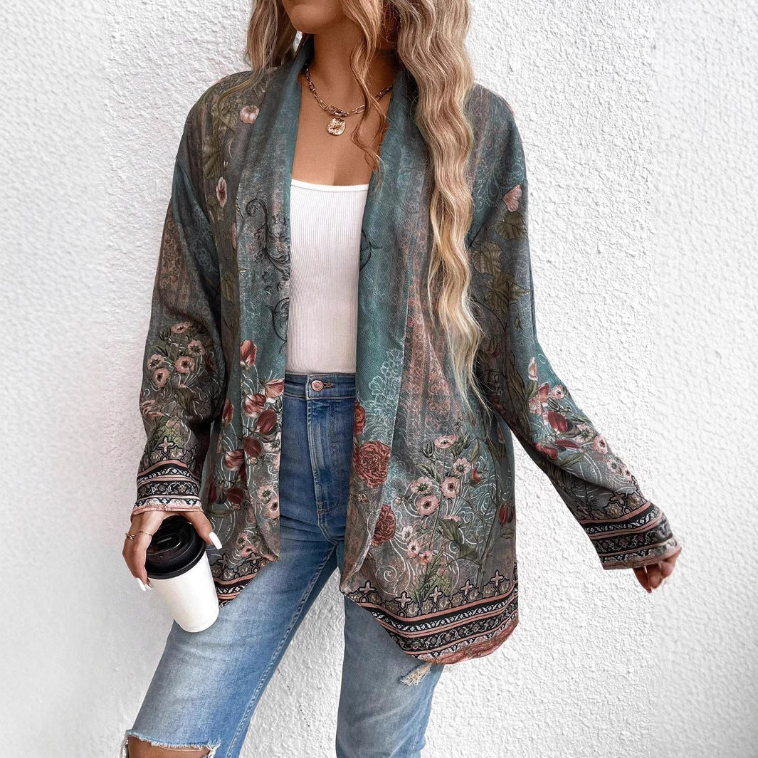 Women's Vintage Floral Print Open-Front Cardigan
