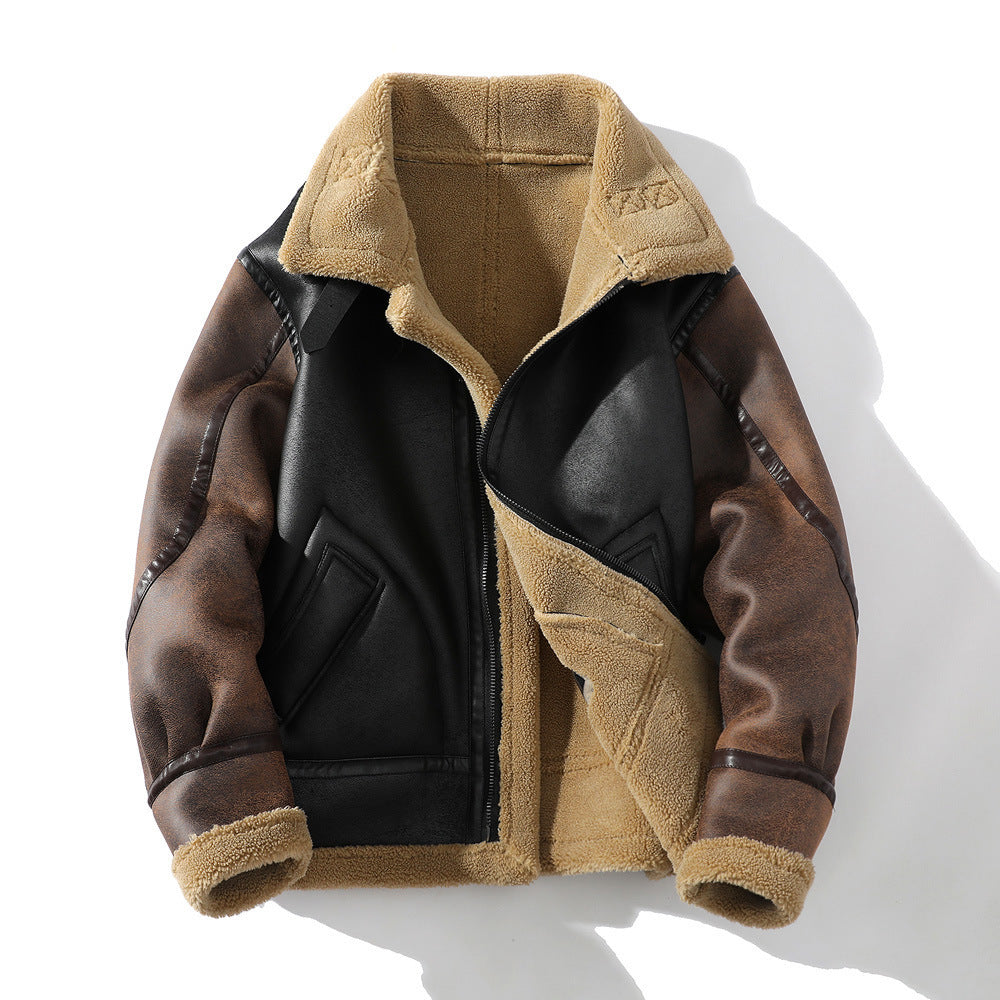Winter Jacket Men's Loose Lapels Color Matching Fleece Padded Thickened Coat