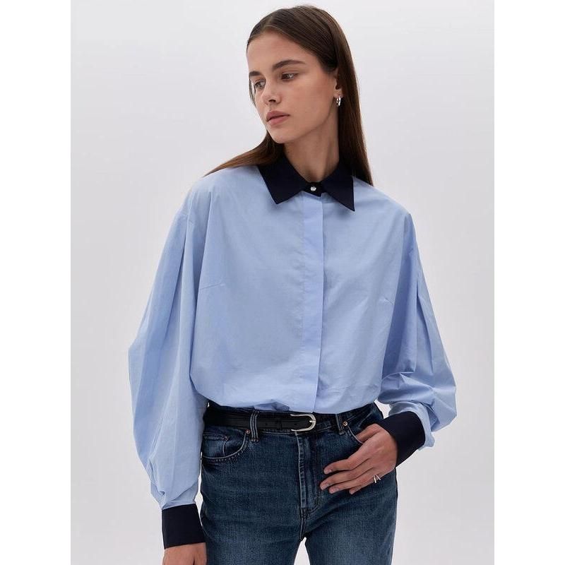 Elegant Blue Patchwork Office Blouse