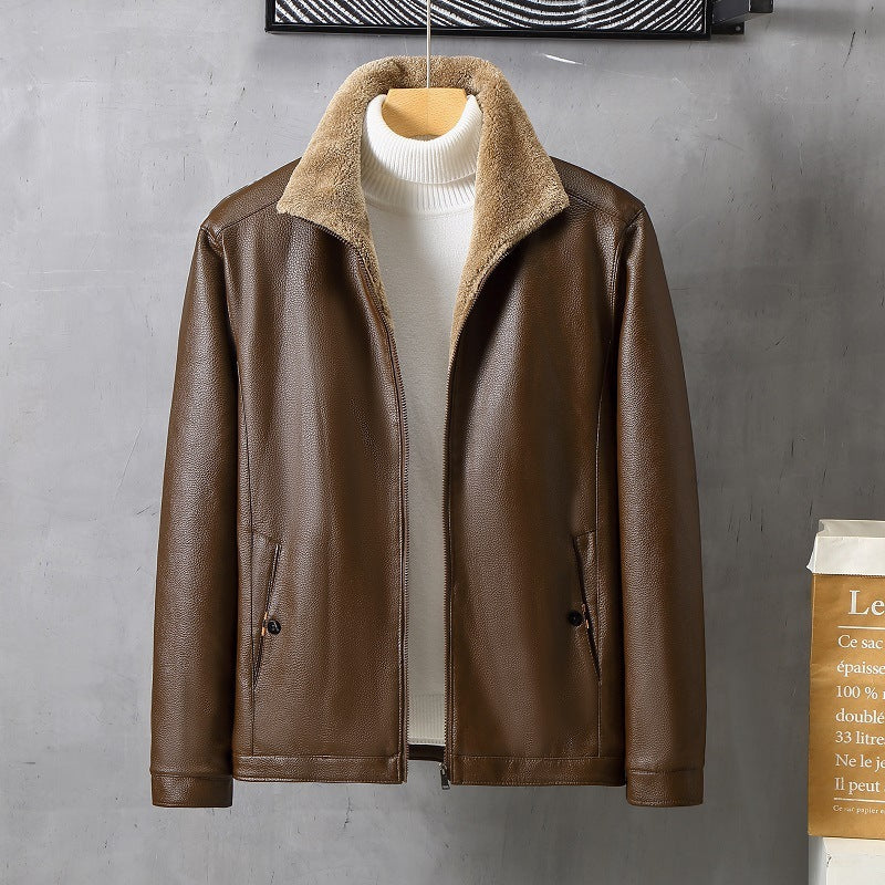 Men's Faux Leather Lapel Fleece Padded Coat