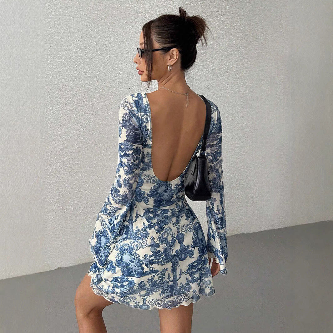 Printed Flare Sleeve Backless Mesh Dress