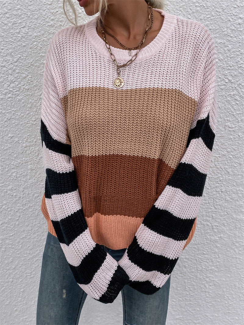 Women's Color Stitching Knit Pullover Loose Sweater
