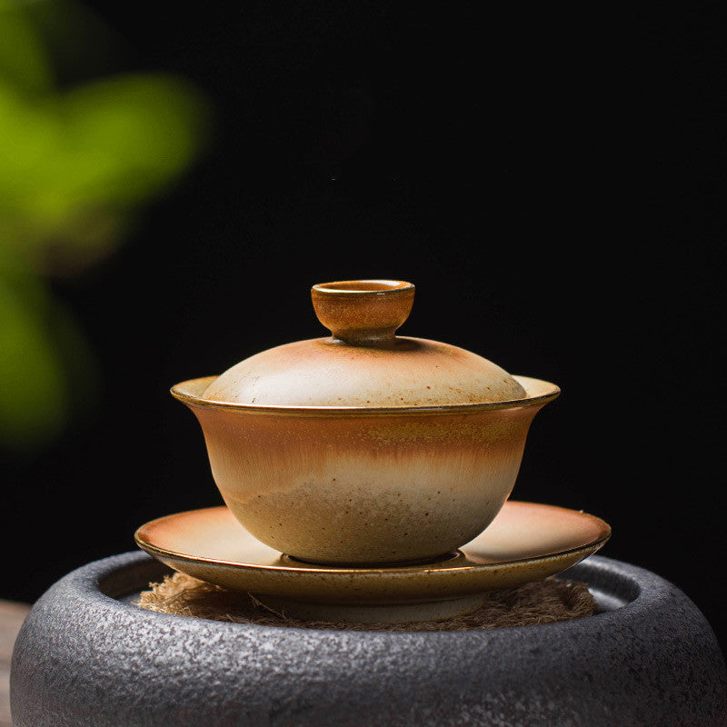 Elegant Rough Pottery Covered Bowl Gold Painting Kungfu Tea Set