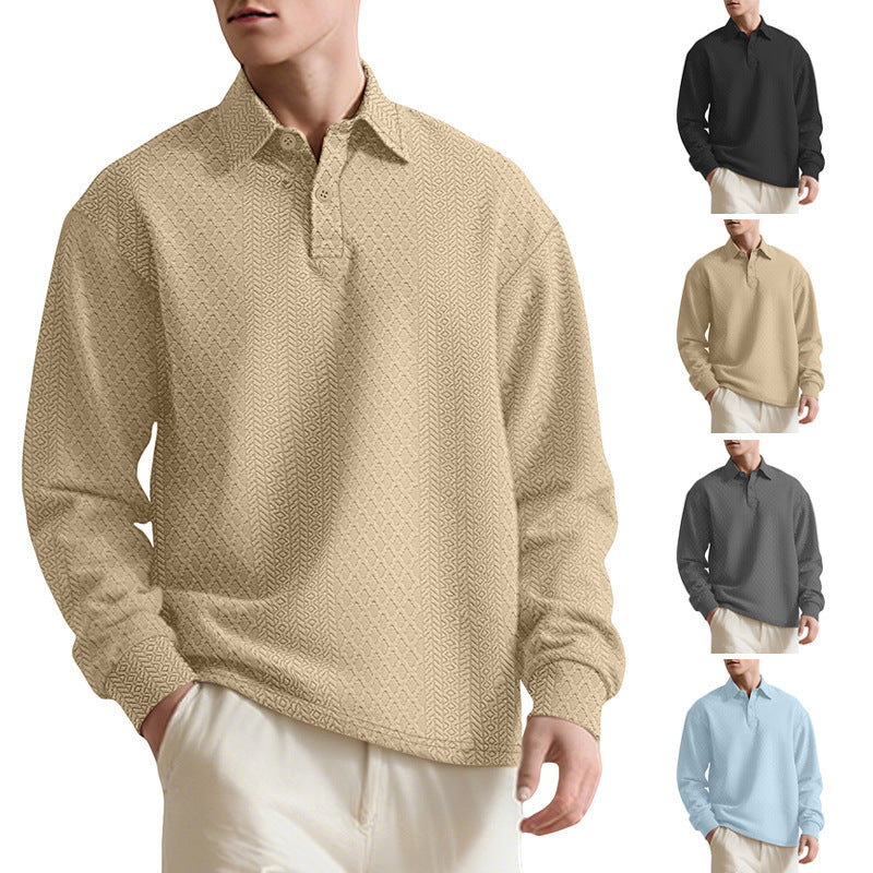 Texture Jacquard Solid Color Men's Long-sleeved Polo Shirt Lapel Loose Sweater
