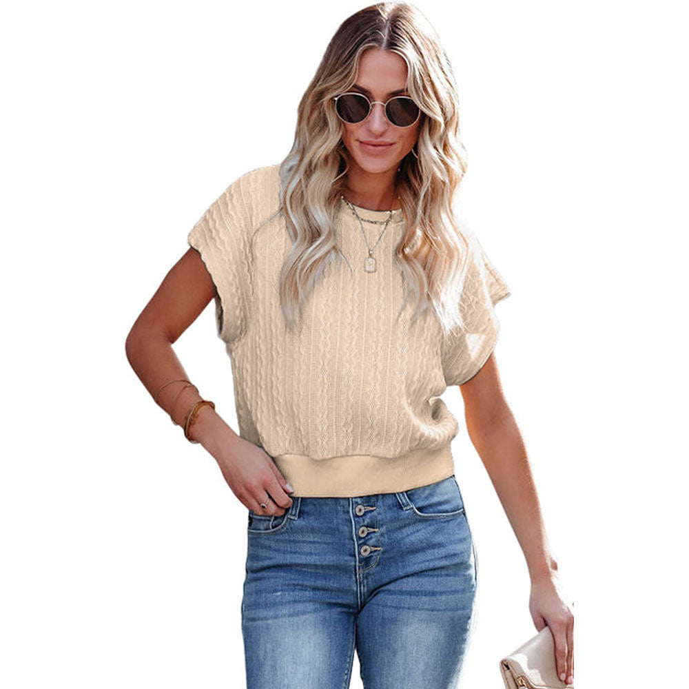 Knitted Texture Short-sleeved Shirt Solid Color Round Neck Slim Pullover