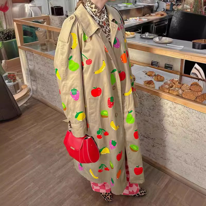 New Elegant Khaki Fruit Printed Lapel Coat
