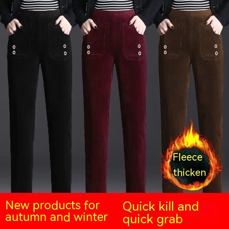 Polyester Straight-leg Pants Women's High Waist Spring And Autumn Thickening Needlecord