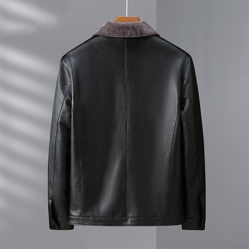 Fleece-lined Men's PU Leather Clothing With Stand Collar