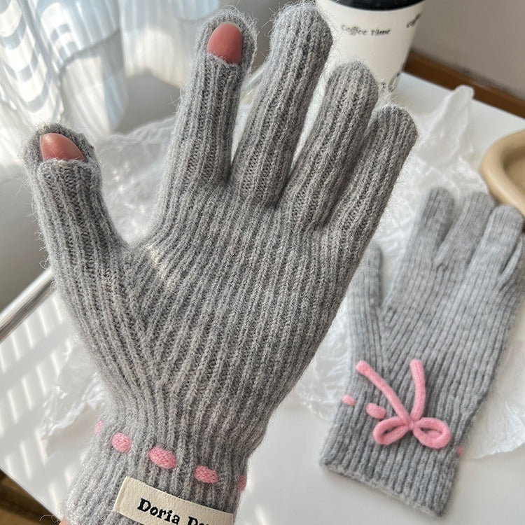 Autumn And Winter Bow Pure Color Warm Finger Gloves