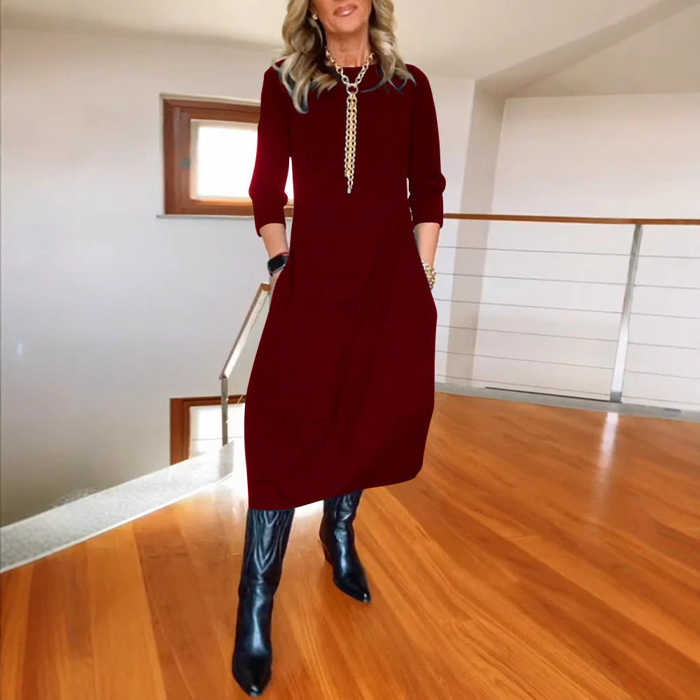 Autumn And Winter All-matching Solid Color Loose Round-neck Long-sleeved Dress Women
