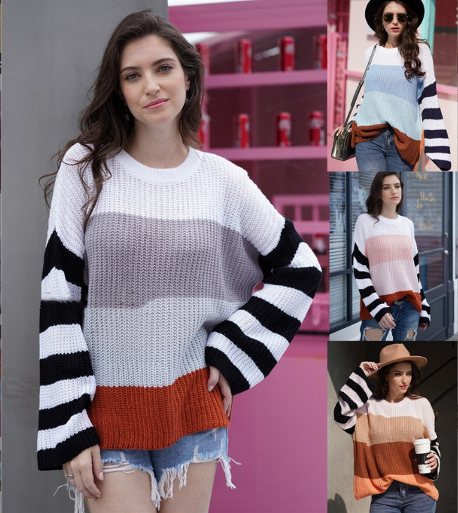 Women's Color Stitching Knit Pullover Loose Sweater