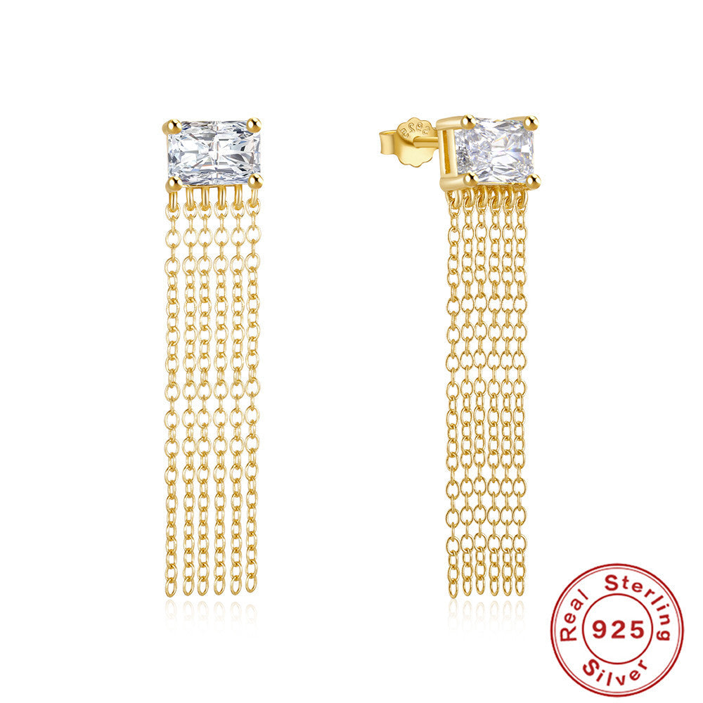 S925 Sterling Silver Square Zircon Chain Tassel Earrings