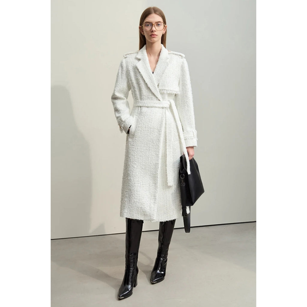 Elegant Women's Long Tweed Coat with Belt