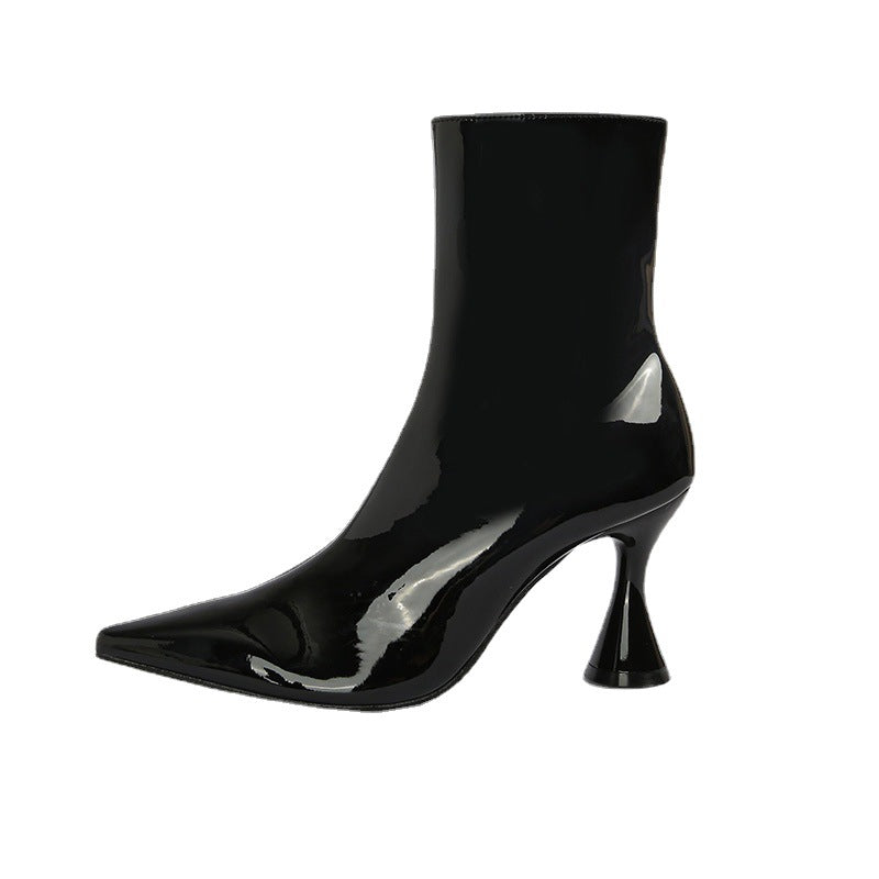 Women's Pointed Toe Patent Ankle Boots with Side Zip