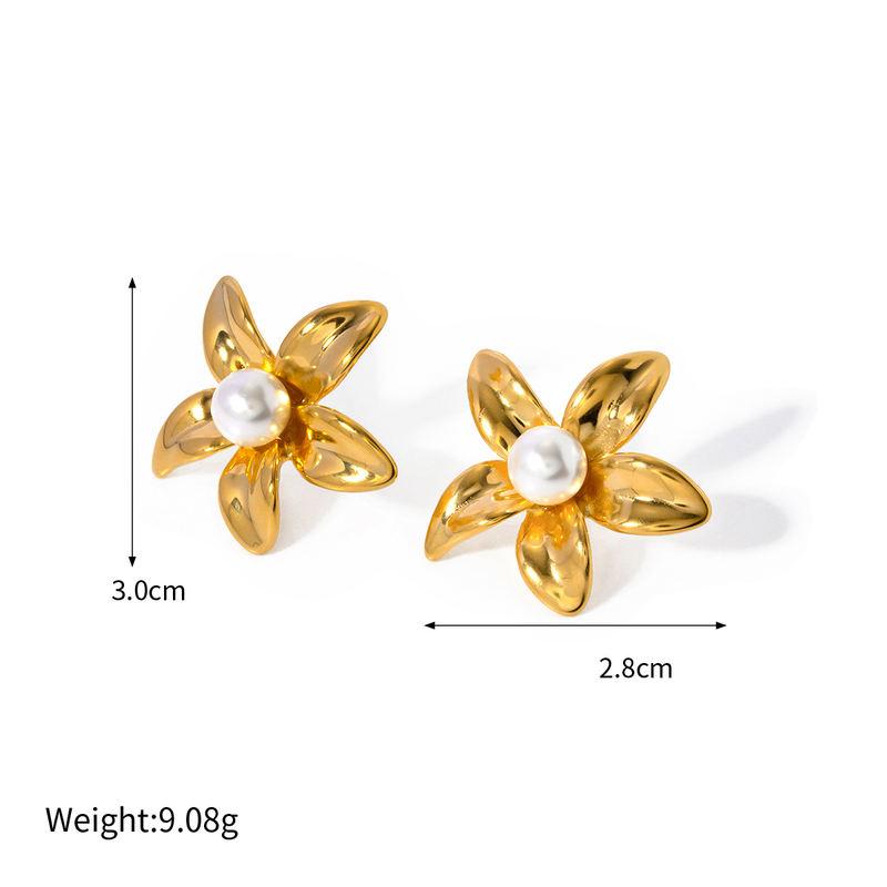 18K Gold Plated Flower Shaped Stainless Steel Earrings with Pearl Inlay