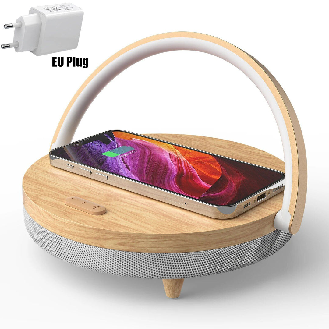 3-in-1 Wooden Wireless Charger with LED Lamp & Bluetooth Speaker